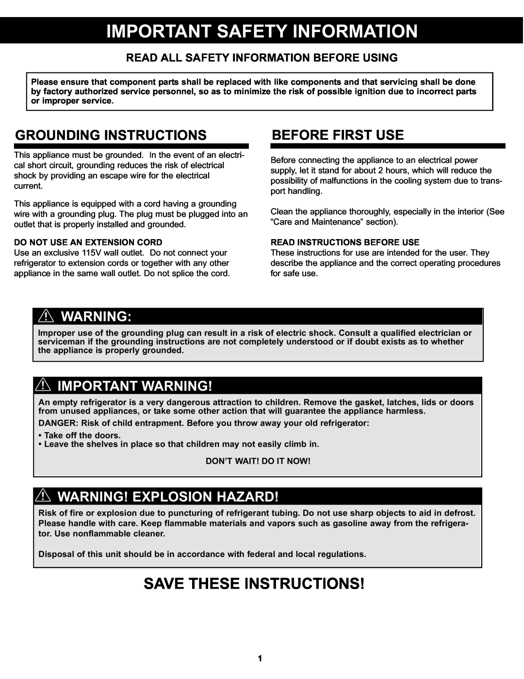 Danby DPF074B1WDB manual Important Safety Information, Save These Instructions, Grounding Instructions Before First Use 